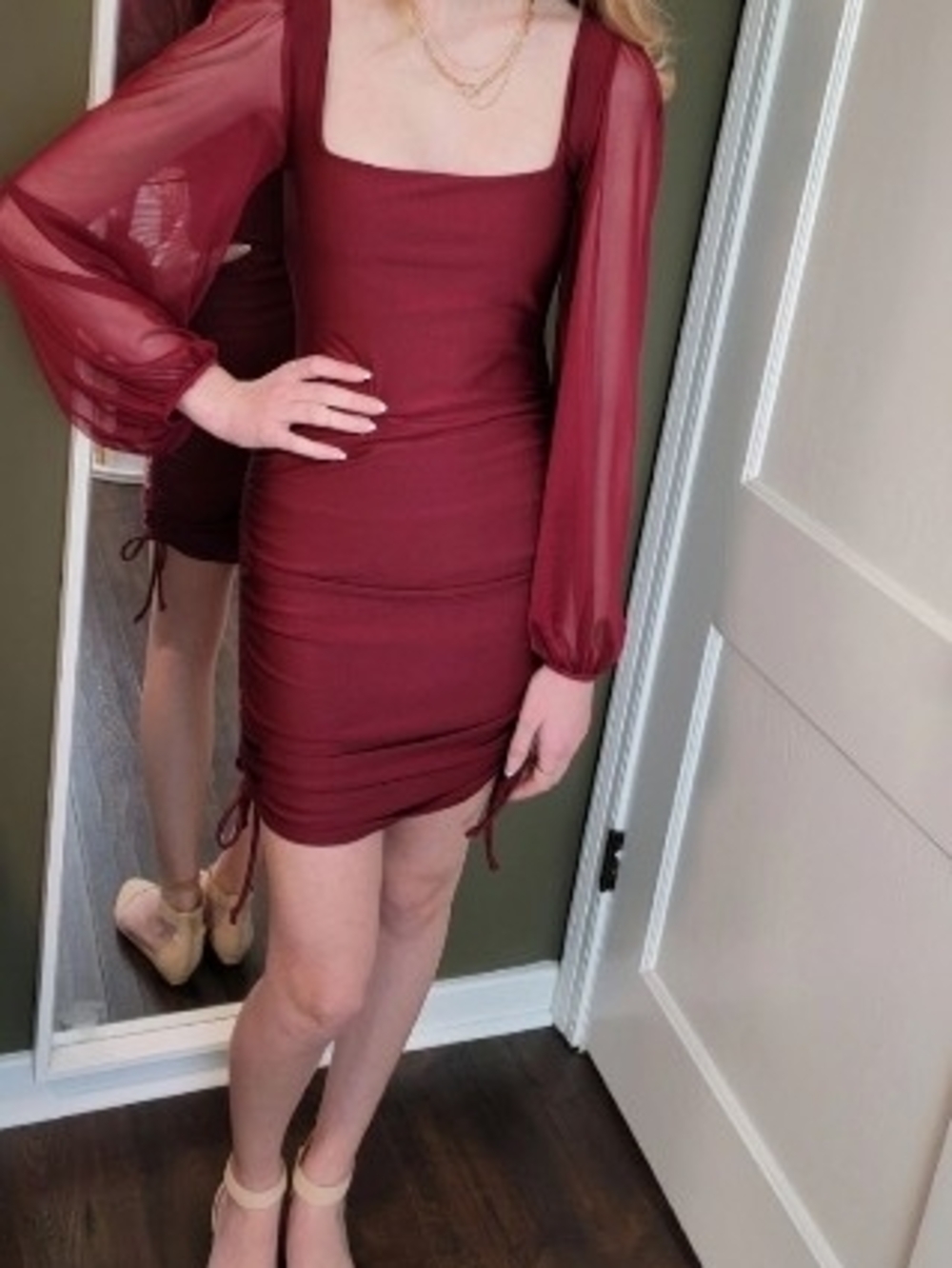Windsor Burgundy Square-Neck Long  Chiffon Sleeve Bodycon Dress